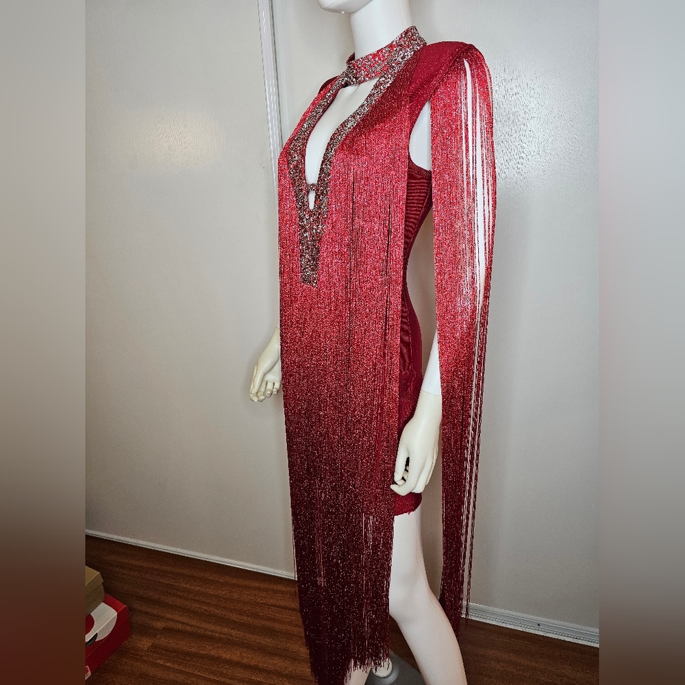 Anewsta Fringe Bodycon Evening Cocktail Dress Size S EU 36 US 4 Deep V Sparkle - Picture 2 of 16